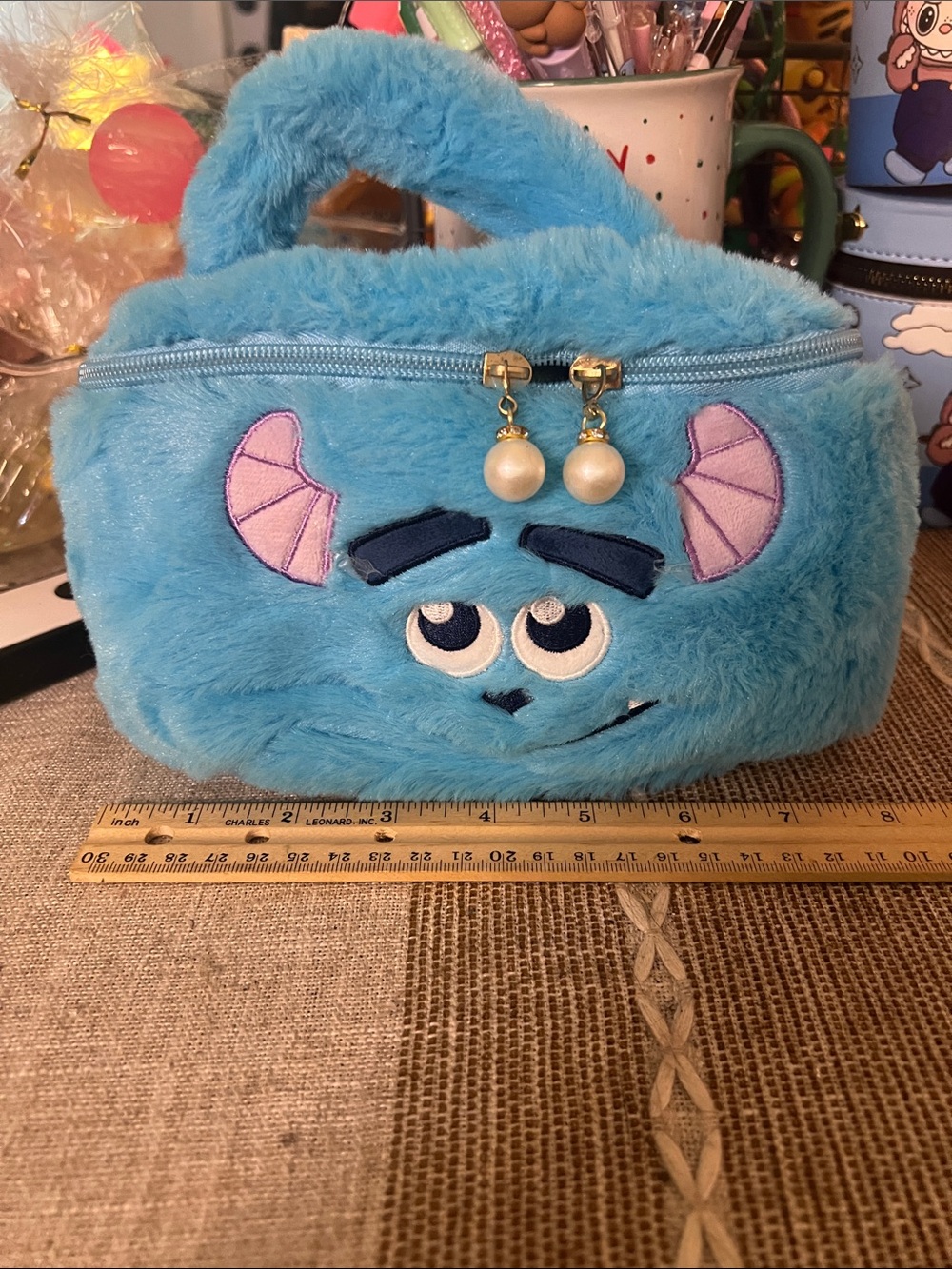 Blue Plush Kids Handbag with Cute Monster Face